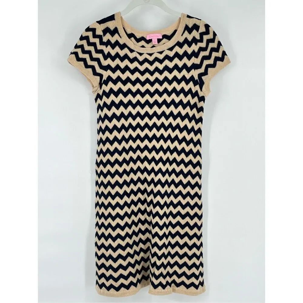 Lilly Pulitzer Santana Dazzle Gold Blue Chevron Merino Wool Dress Size Large EUC